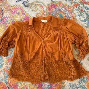 Anthropologie Burnt Orange Lace Blouse Size Small